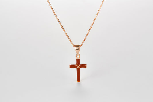 SMALTO Silver Small Cross Necklace – Pink Gold with Brown Enamel