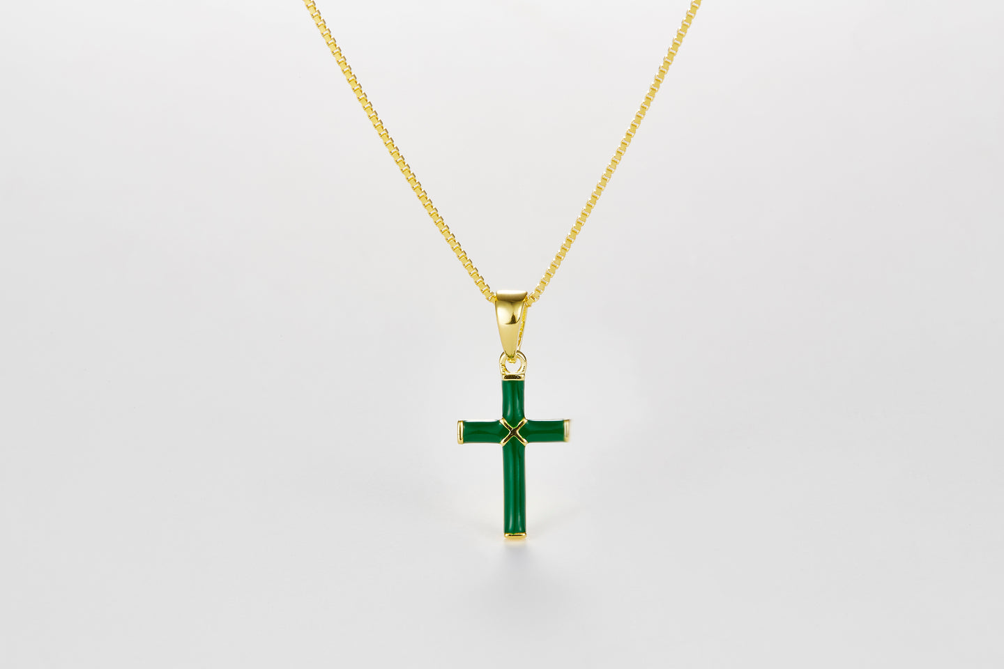 SMALTO Silver Small Cross Necklace – Yellow Gold with Green Enamel