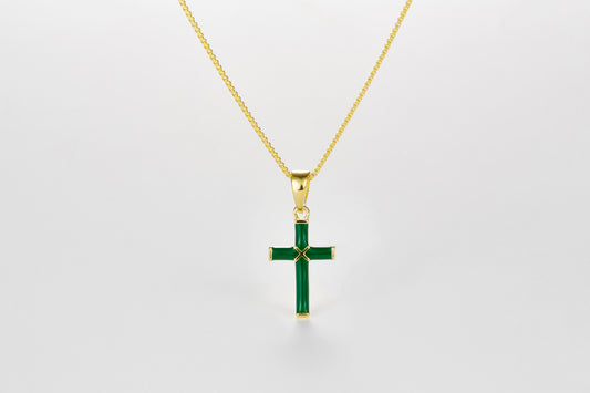 SMALTO Silver Small Cross Necklace – Yellow Gold with Green Enamel