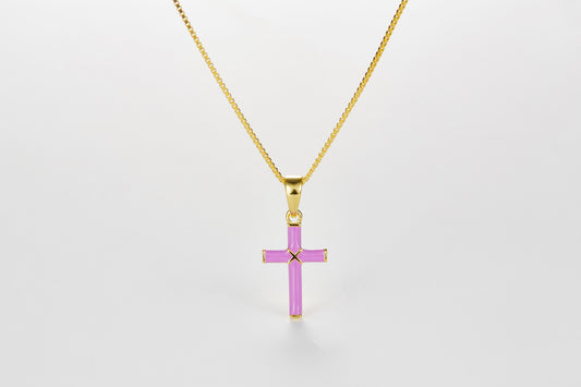 SMALTO Silver Small Cross Necklace – Yellow Gold Plated with Purple Enamel