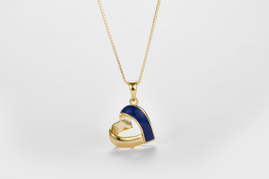 SMALTO Silver Sideway Heart Necklace – Yellow Gold with Blue Enamel