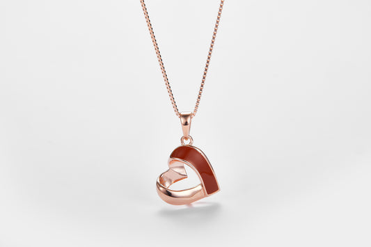 SMALTO Silver Sideway Heart Necklace – Pink Gold with Brown Enamel
