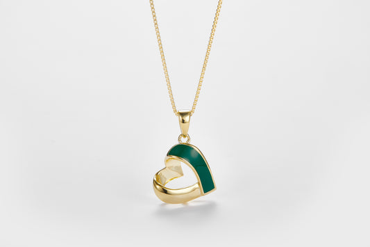 SMALTO Silver Sideway Heart Necklace – Yellow Gold with Green Enamel