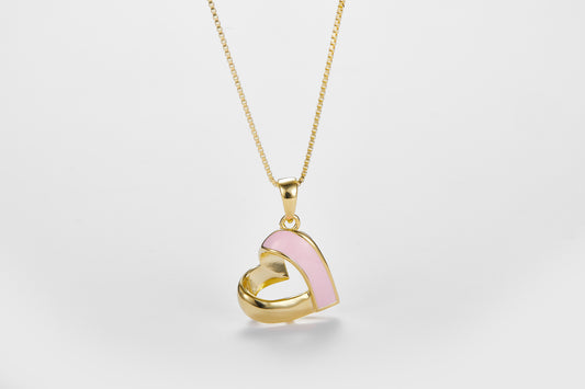 SMALTO Silver Sideway Heart Necklace – Yellow Gold with Pink Enamel