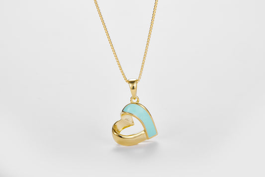 SMALTO Silver Sideway Heart Necklace – Yellow Gold with Turquoise Enamel