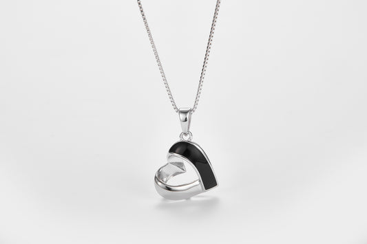 SMALTO Silver Sideway Heart Necklace – White Rhodium with Black Enamel