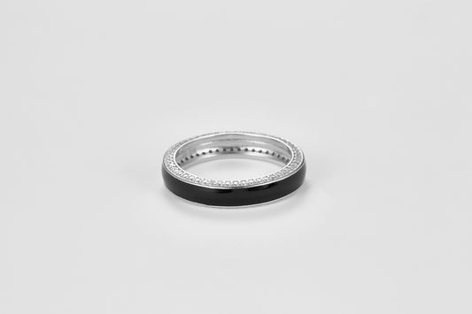 SMALTO Silver Enamel Ring – White Rhodium with Black Enamel & Zirconia Accents