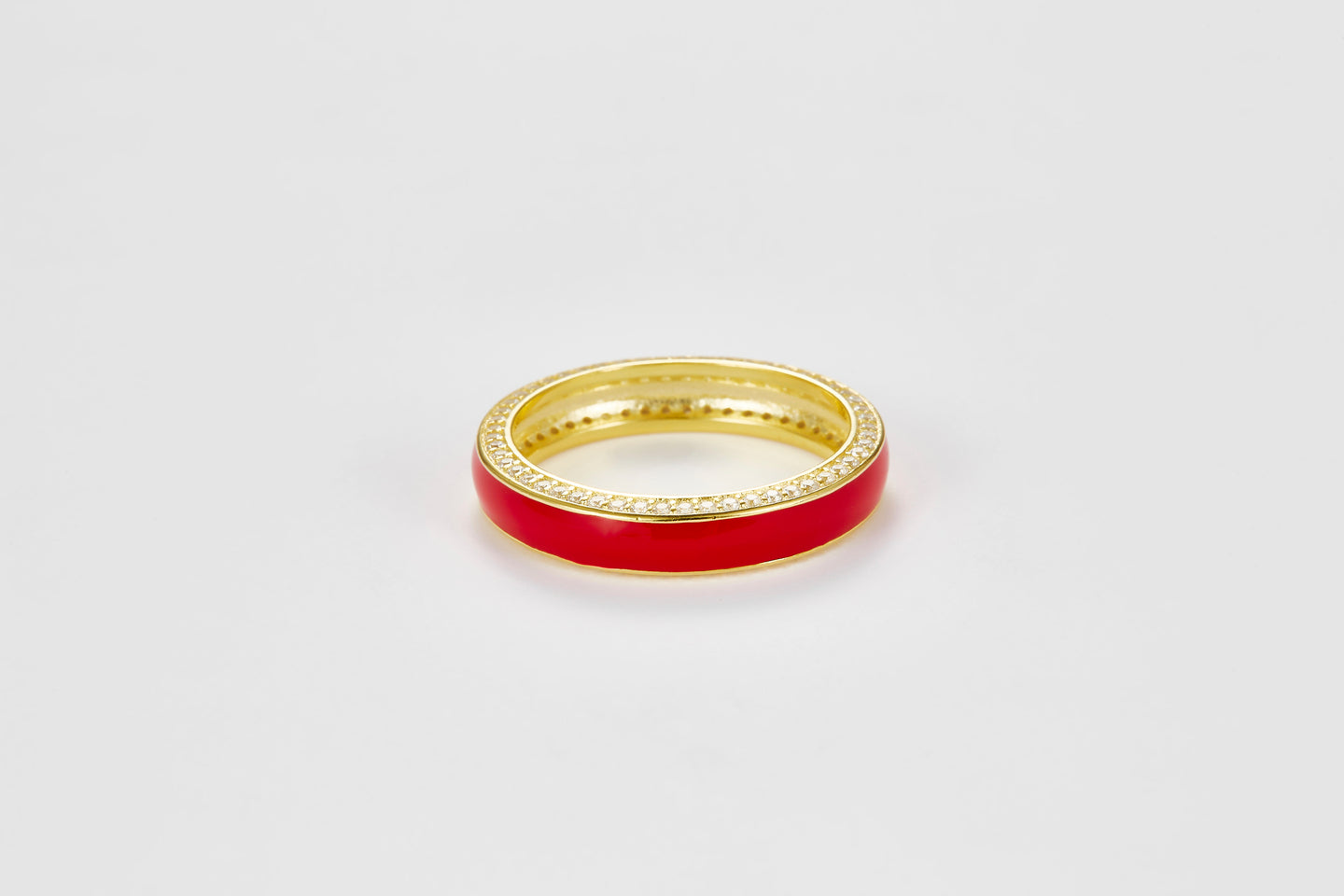 SMALTO Silver Enamel Ring – Yellow Gold with Red Enamel &amp; Zirconia Accents