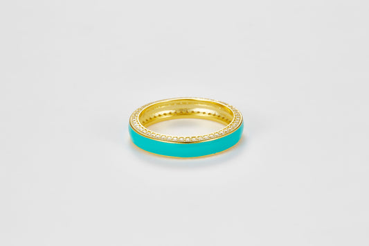 SMALTO Silver Enamel Ring – Yellow Gold with Turquoise Enamel & Zirconia Accents