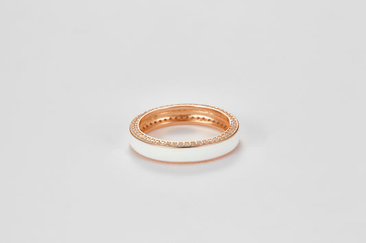 SMALTO Silver Enamel Ring – Pink Gold with White Enamel & Zirconia Accents