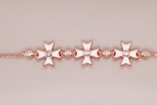 Rose Gold and White Maltese Cross Bracelet Ref: MT01B-WHITE-RG