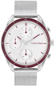 Calvin Klein Multifunction / Silver-Tone Mesh & Burgundy Bezel Watch 25200174