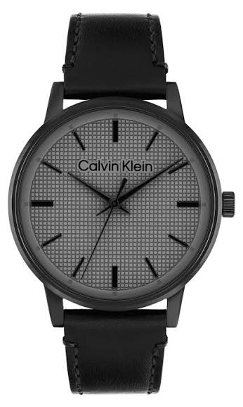 Calvin Klein Modern Textured Dial / Grid Pattern Grey Dial Men's Black Leather Watch 25200504