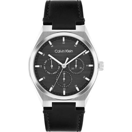 Calvin Klein Architectural Multi-Function / Textured Black Dial Men's Black Leather Watch 25200524