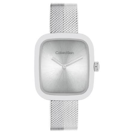 Calvin Klein Cushion Minimalist / Silver Sunray Dial Stainless Steel Mesh Watch 25100098