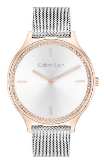 Calvin Klein Crystal Bezel / Two-Tone Rose Gold & Silver Mesh Women's Watch 25100006