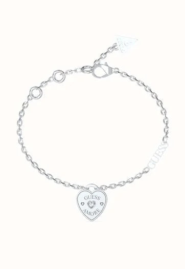 Guess Amore Ladies Silver Heart Charm Bracelet UBB05057RHL