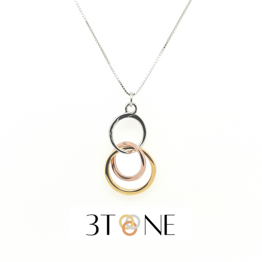 3Tone Collection by Sterling Jewellers Malta Fine Box Chain with Ring Sphere Intertwining Circles Loops Pendant in Rose Gold, Yellow Gold and Silver 925