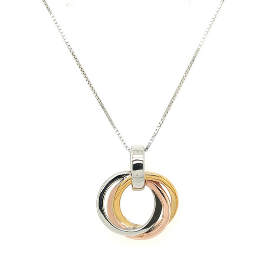 3Tone Collection by Sterling Jewellers Malta Fine Box Chain with Ring Sphere Intertwining Circles Loops Pendant in Rose Gold, Yellow Gold and Silver 925