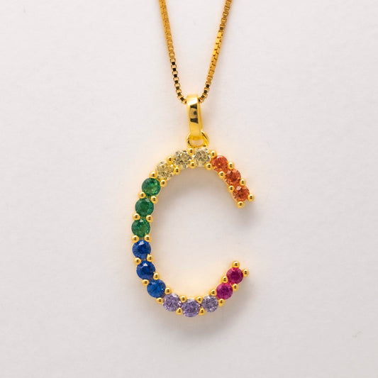 Silver 925 Rainbow Initial Necklace - C