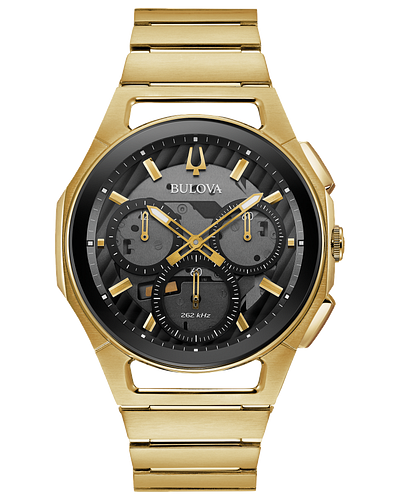 Bulova CURV Gold Black Dial Chronograph Stainless Steel Watch 97A144