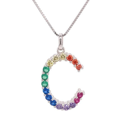 Silver 925 Rainbow Initial Necklace - C