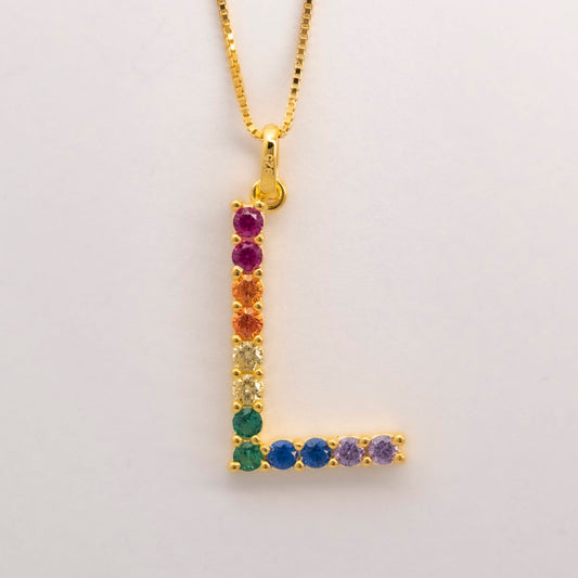 Silver 925 Rainbow Initial Necklace - L