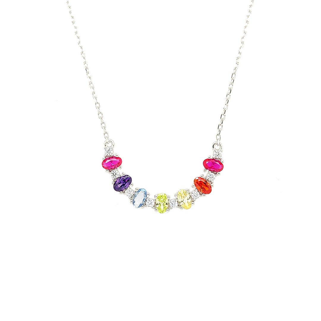 Sterling Jewellers' Ovale Multi in Silver Mezzaluna Crescent Necklace in Rhodium Plating with Multicolour Rainbow Stones from the new Ovale Collection