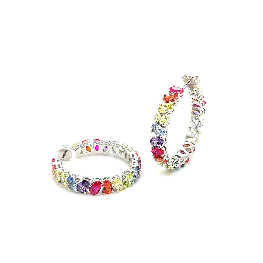 Sterling Jewellers' Ovale Multi in Silver Large Hoop Earrings in Rhodium Plating with Multicolour Rainbow Stones from the new Ovale Collection