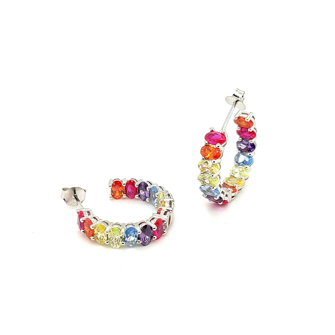 Sterling Jewellers' Ovale Multi in Silver Small Hoop Earrings in Rhodium Plating with Multicolour Rainbow Stones from the new Ovale Collection