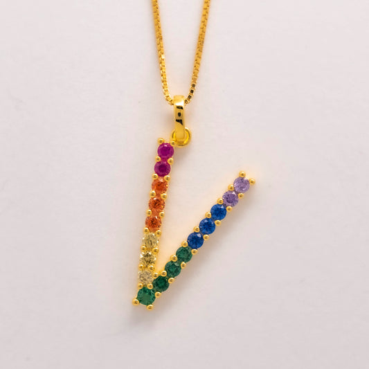 Silver 925 Rainbow Initial Necklace - V