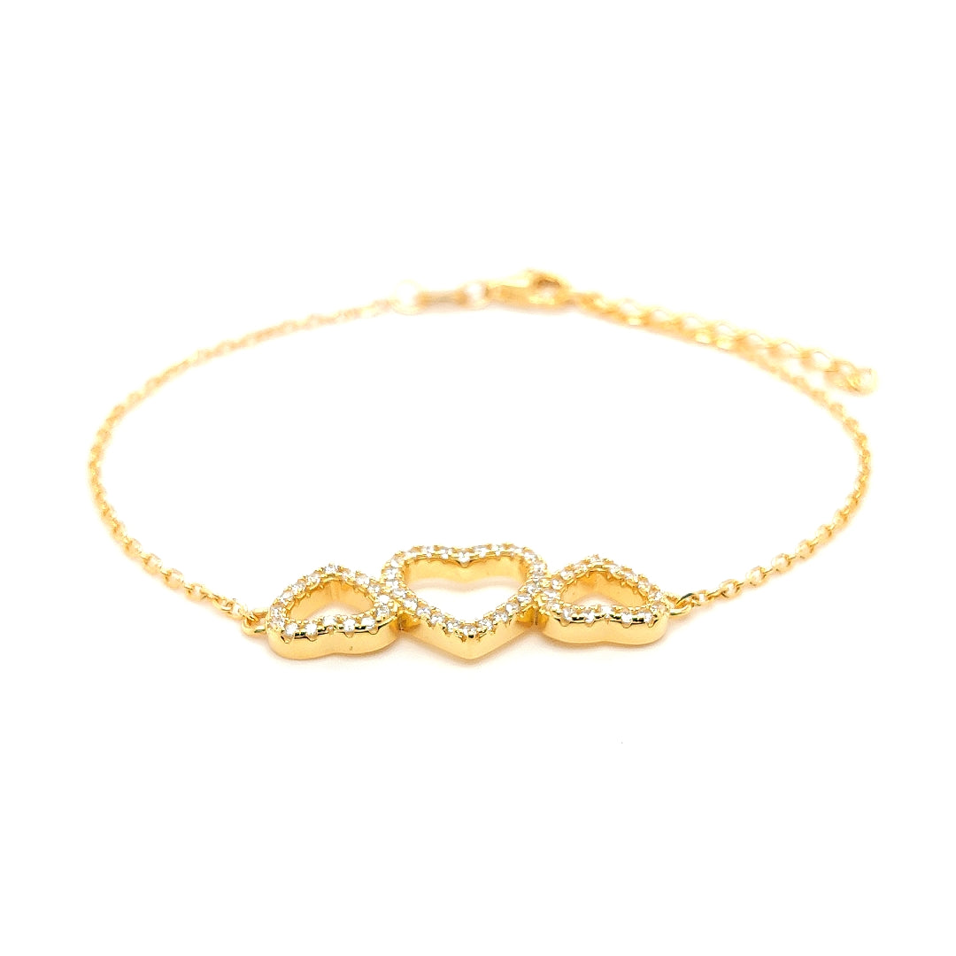 Silver 925 Three Hearts Bracelet in Yellow Gold Plating SVB0182Y